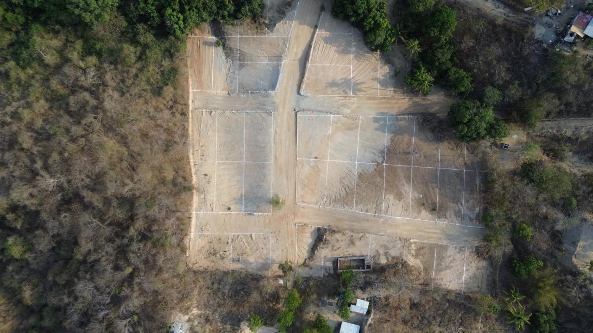 Vista cenital de terrenos trazados con líneas sobre tierra clara entre vegetación seca