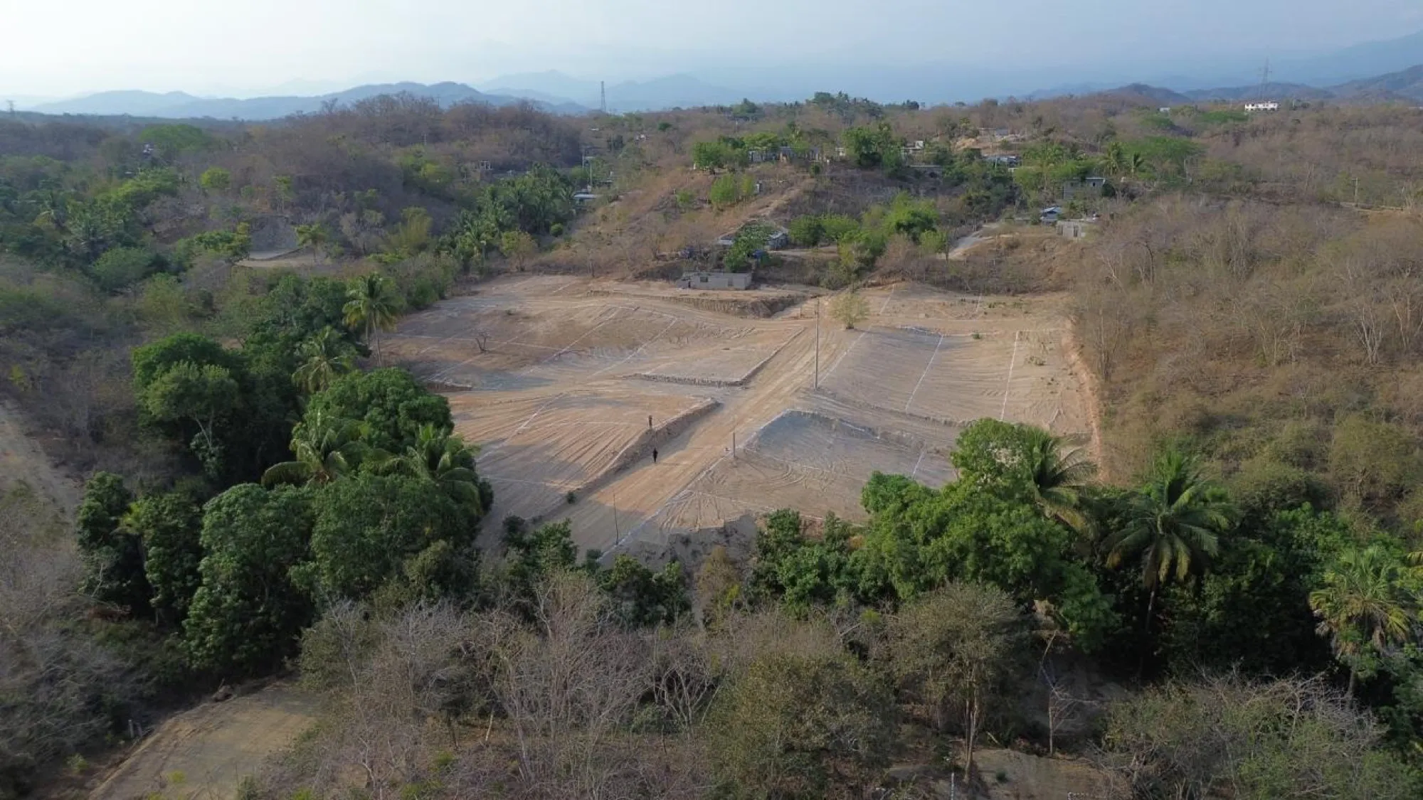 Terreno plano de tierra clara con palmas y vegetación seca alrededor